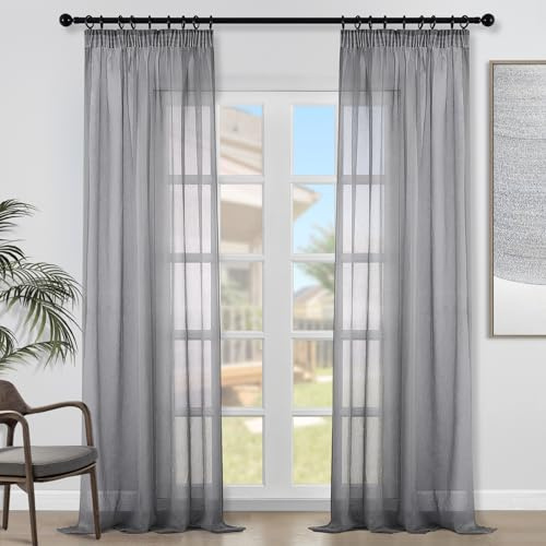 Topfinel Tende per Interni 2 Pezzi 140x280cm Camera da Letto e Soggiorno Finestra Camerette Bambini Voile Trasparenti con Bastoni Tenda a Panello Leggere Morbido Grigio Scuro