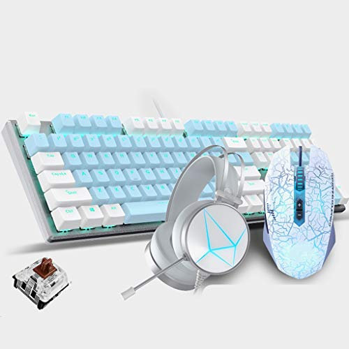 ARCH Gaming Headset Teclado Ratón De Tres Piezas, Teclados para Gamers,Teclado Mecánico Y Teclados USB Teclado Y Raton Azul Claro con Cable For PC Gamer Computadora De Escritorio