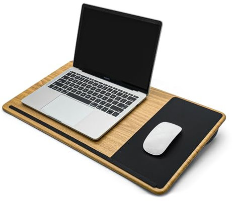 ergomi Laptopkissen Schoß, Homeoffice Kissentablett mit Kissen, Laptoptisch fürs Bett/Couch/Sofa, Laptopunterlage für max. 17 Zoll Notebook, Tablet, 30.5 x 57 x 4.5 cm, Größe L – Holzoptik