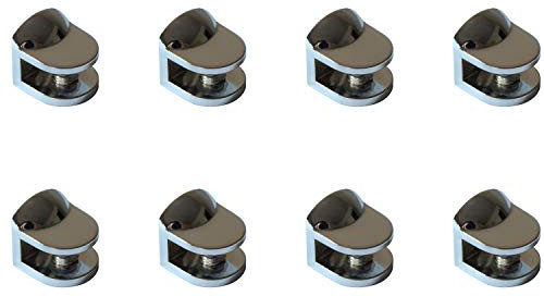 Metall Glasklemme, Gebogenes Design, 8er Set, Glasbodenträger 22 x 22 x 22mm, Chrom Poliert, Einstellbarer Glashalter mit Kunststoffeinsatz für 4-8mm