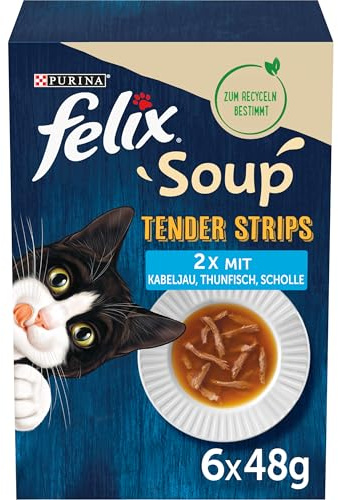 FELIX Soup Tender Strips, soppa för katter, fisk, 48-pack (8 x 6 x 48 g) | Kattsoppa, blandning av sorter