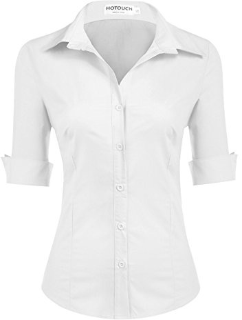 Hotouch Chemisier pour Femme Coton à Manches Courtes Chemise Classique Boutonnée Shirt Top Décontracté Col en V Blouse Solide Élégant Business Tops Chemise de Travail Blanc XL