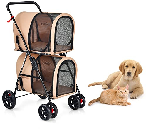 GOPLUS Doppeltschichtiger faltbarer Haustierwagen, 2-stufiger 3-in-1 Haustierwagen auf Rädern, 2 Bremsen, Abnehmbare Taschen, Klappbare Stahlstruktur, für Katze und Hund (Beige)