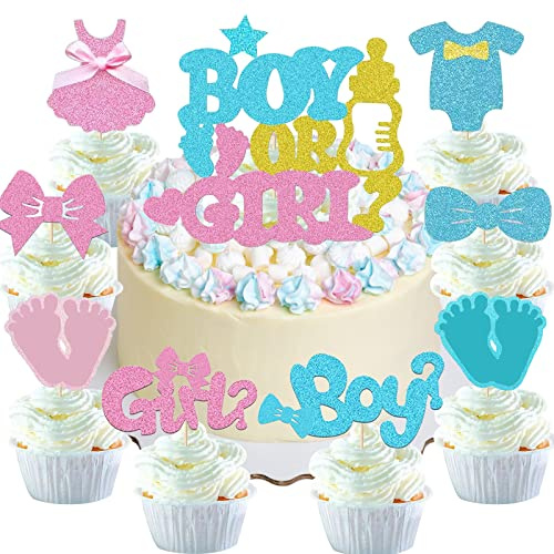 25 Stück Gender Reveal Cupcake Topper Glitzer Blau Und Rosa Boy or Girl Tortendeko Baby Shower Torte Deko Junge Oder Mädchen Kuchen Deko Mit 8 Stilen