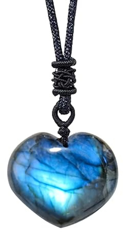 1PCS Natural Labradorite Crystal Heart Shape Pendant Necklace Healing Crystal Moonstone Polished Stone Pendant With Hand-Woven Rope For Unisex