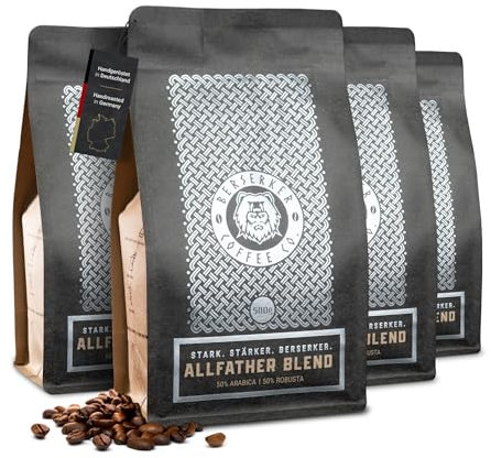 BERSERKER COFFEE - Allfather Blend, 4x500g - 50% Arabica, 50% Robusta Kaffeebohnen - säurearmer Kaffee, milde Röstung - GANZE BOHNE