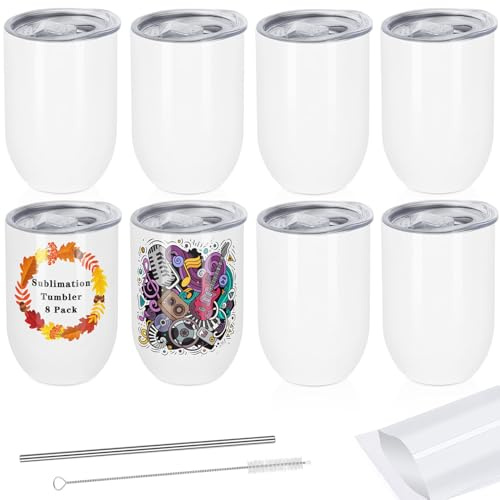 Draheri 12 oz Sublimation Wein Tumblers Rohlinge Masse, Edelstahl Doppelwandige Isolierte Sublimation Tassen mit Stroh und Schilfbürste, Einzeln verpackt (8 Pack)