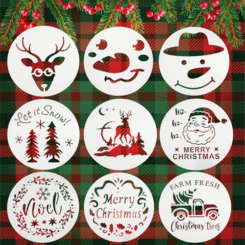 9stk Weihnachts Schablonen auf Holz, 30x30cm Rund Weihnachts Schablonen zum Malen Wiederverwendbar Schneemann Elch Weihnachtsmann Frohe Weihnachts Schablone für Stoff Wand Karten