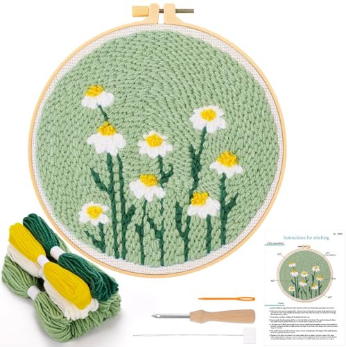 JSRQT Punch Needle Embroidery Starter Kits,Rug Hooking Kit for Kids and Adults Beginners,Handcraft Punch Needle Kits with Embroidery Hoops,Flowers and Plants Pattern