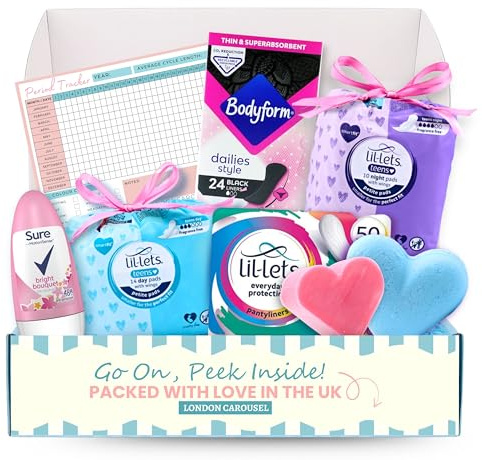 First Period Kit für Mädchen – mit Lil Lets Damenbinden, Bodyform Einlagen, Roll-on-Deo, Badebombe, Mini-Seife und Tracker