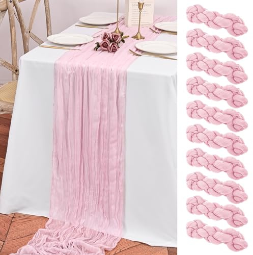 Teruntrue 10 Stück Tischläufer Rosa für Hochzeiten, 55 x 300 cm | Weiche Polyester-Gaze in Käsetuch-Optik mit lockerem Faltenwurf für Boho-Tischdeko, Geburtstage, Partys und Hochzeitsbögen