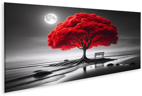 islandburner Quadro su Tela Albero Rosso Luminoso su Una Spiaggia Monocromatica Con Luna Immagini Poster