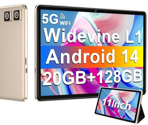 Tablet 11 Pollici Android 14 con Widevine L1, 8000 mAh + Ricarica Rapida 18 W, 5MP+13MP, 20 GB RAM+128 GB ROM (Espandibile Fino a 1 TB), 5G Wi-Fi, GPS, Octa-Core 2.0 GHz, 1280*800, Face ID, USB-C, Oro