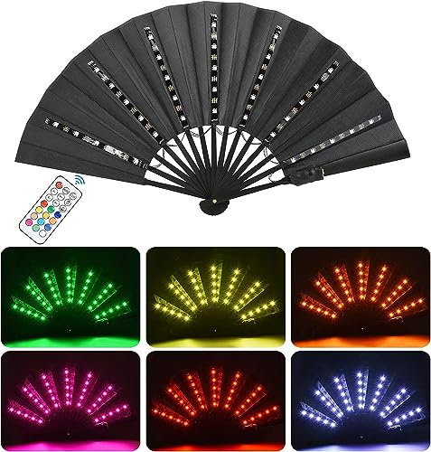 Easymaidi Handheld Folding LED Fan with Remote Control, Glowing Fan for Dancing, Cosplay, Wedding, Home Decor (Black)