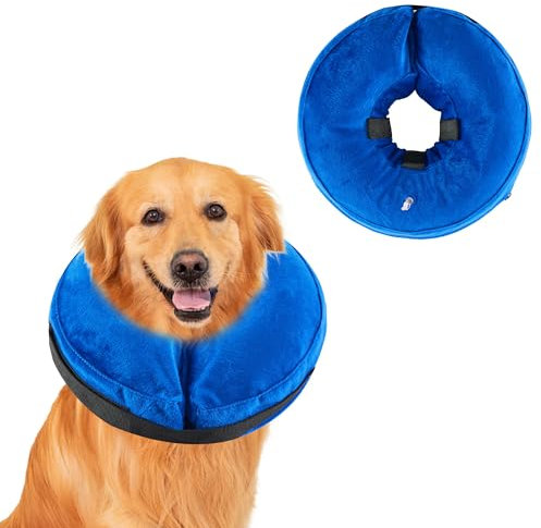 Honprodu Aufblasbare Halskrause Hund, Einstellbar Schutzkragen Hunde, Hundekragen Leckschutz für Genesung nach Operationen oder Wunden, Hundehalskrause der Die Sicht Nicht Blockiert(Blau L)