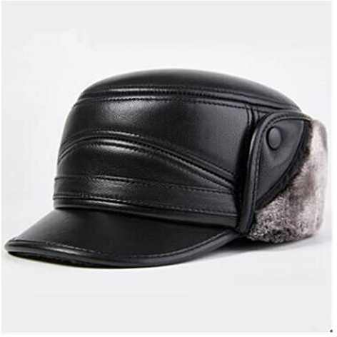 Lederkappe Lederhut Männer Flachkappe Schaffell Leder Armee Hüte Dicke Warme Ohrenschützer Mütze Velvet Dad's Cap Winter Winter(Color-8,57-58cm)