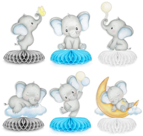 BETESSIN 6pcs Decoración Mesa Baby Shower Niño, Centro de Mesa Base Panal Fiesta Recién Nacido, Decoración Adorno Mesa Diseño Elefante para Fiesta Baby Shower Revelación de Género Cumpleaños Niños