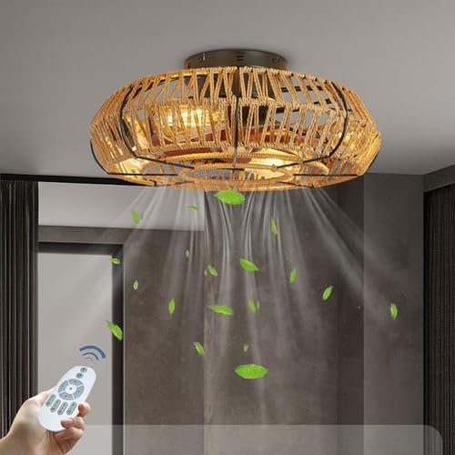 Ventilateur de Plafond avec Éclairage Industrielle Corde de Chanvre Ventilateur avec Lumiere E26 Métal Fan Light Et Télécommande 50Cm Silencieux Fan Chambre Restaurant Fan Light, VIBEXIN