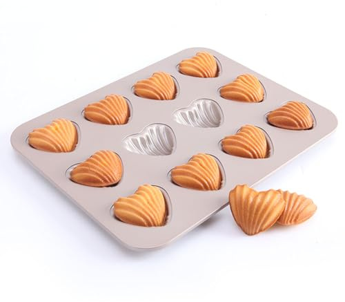 QUDUME Madeleine Heart Cake Pan, 12 Cavity Heart Shape Cake Pan Mini Tea Cake Pans Non-Stick Heart-shaped Shello Madeleine Pans Bakeware for Baking Valentine's Day Mother's Day