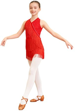 TTAO Enfant Fille Robe de Danse Latine Frangé Rouge 9-10 Ans