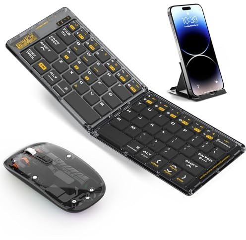 Foldable & Folding Wireless Keyboard Set Combo for iPad, Transparent Bluetooth Typepad & Mouse, Compatible with iOS, Windows, Android, Smartphones, Laptops, etc.