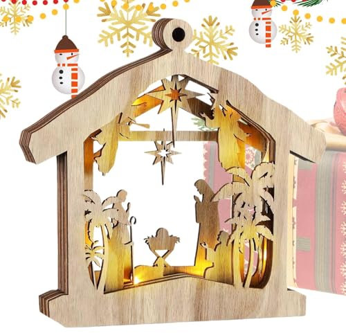 Scena di presepe a LED – Tavolo Holiday Statua Sacra | Interno con stalla in legno, presepe di Natale, cartelli di Natale in legno con luci a LED, centrotavola, decorazione natalizia