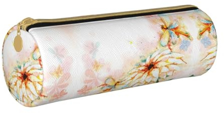 ESNAIUVCD Trousse à crayons cylindrique en cuir PU de haute qualité avec motif libellules et fleurs de lys, blanc, Taille unique, Trousse de beauté