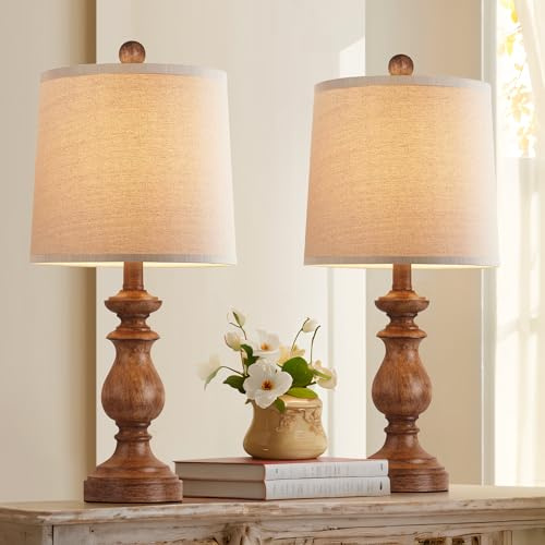 PARTPHONER Traditional Table Lamp Set of 2, Rustic Farmhouse Table Lamps for Living Room Bedroom, 22 Bedside Desk Lamps Vintage Nightstand Lamps with Linen Shades, Wood Grain