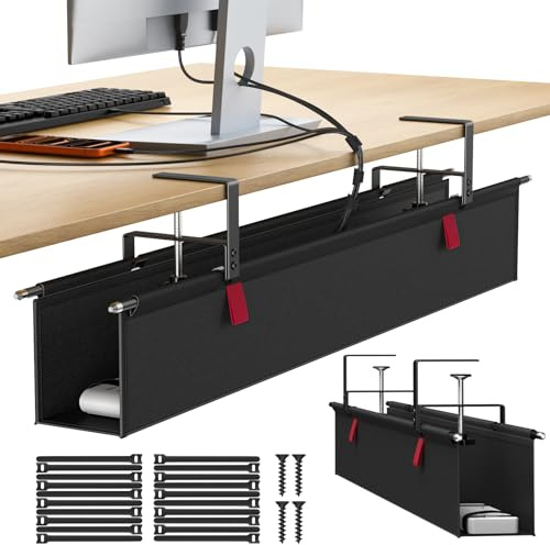 Housolution Under Desk Cable Management Tray, 36'' Longer Cord Management Under Desk, Premium Fabric Cable Storage Organizer, No Drilling Clamp/Screw Mount Cord Organization Tray for Office Home
