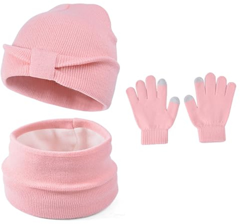 Jupsk Mössor Set Scarf Vinterhandskar för Barn, Beanie Braga Hals Fleecefodrad Keps för Barn Flickor 3 till 8 år, Enfärgad, Rosa, one size