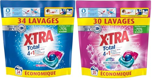 Xtra Total - Lot de 2 Pack de Capsules de lessive - Trio-Caps - 4 plus 1 - Original + Parfum Fleuri
