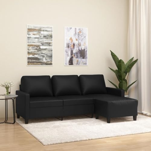 Mimdixy Relaxsofa Küchensofa Schlafcouch,3-Sitzer-Sofa mit Hocker Schwarz 180 cm Kunstleder fürs Wohnzimmer Eingangsbereich Büro