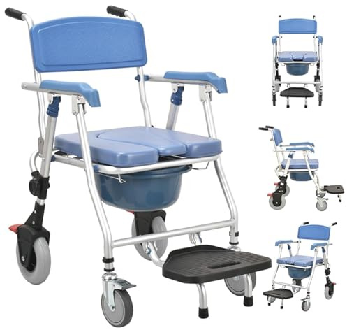 Silla de ducha plegable con ruedas, inodoro impermeable 3 en 1 para movilidad y seguridad en el baño