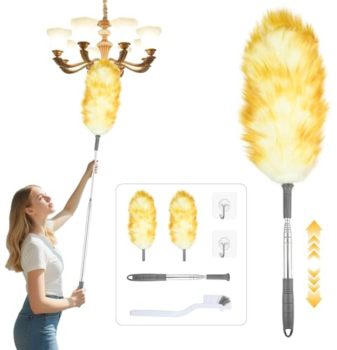 2er Set Staubwedel Lammwolle Teleskop, Waschbar Staubwedel Lang Ausziehbar mit Teleskopstiel 140 cm und 2 Klebehaken, Elektrostatische Staubaufnahme für Möbel, Decken, Empfindliche Flächen