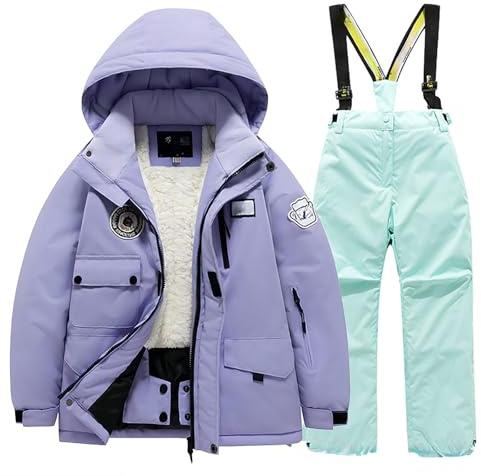 Generisch Combinaison de ski pour enfant - Avec poche polaire - Veste et pantalon d'hiver coupe-vent - Snowboard - Unisexe - Pour l'hiver, vert, 8-10 ans