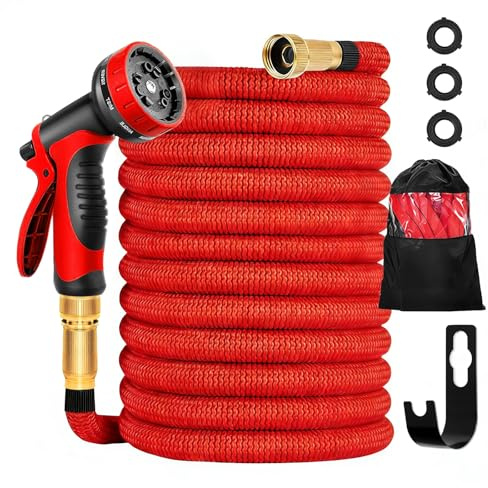 Kezidhp Manguera Jardín Extensible 15m con Pistola de 10 Funciones | Manguera Flexible y Anti-enredos, con Conectores de Latón 1/2“ y 3/4“ | Para Riego, Lavado de Coche y Uso en Exteriores (Rojo)