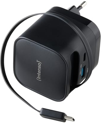 Intenso Power Adapter W65ACIC - 65W USB-C GaN Ladegerät & Netzteil | Schnellladegerät mit ausziehbarem 70 cm Kabel, USB-A Port, PD 3.0 & PPS, für Smartphone, Tablet und Laptop, Schwarz