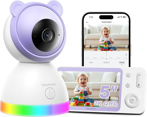 YESIMOM Baby Monitor con Telecamera 2K e Monitor 5'', Doppio Controllo tramite Monitor e App, Connessione Senza WiFi fino a 300m, WiFi 2.4G, Visione Notturna a Colori, IR Invisibile 940nm, Cloud/SD