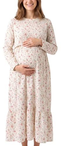 ZENIRA Women's 2026 Spring Summer Maternity Dresses Long Sleeve Maxi Round Neck Casual Nursing Outfit Dress with Pockets.