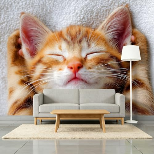 Fotomurales Tejido No Tejido 200 x 140 cm - Papel Pintado Fotográfico Realista Foto Animales Gatito Murales Amarillo Jengibre Póster para Niños Juvenil Salón Dormitorio Decoración Del Hogar