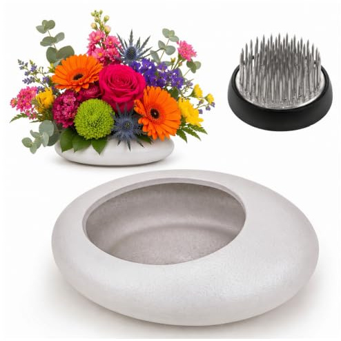 OMJMYY Japanisches Ikebana Vase mit 4cm Kenzan für Blumenarrangement | Keramik Weiß, Kieselsteinförmiger, Blumenhalter Schale für Hochzeiten Teestuben Wohnkultur Büros