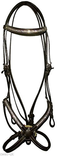 Cwell Equine Mexikanischer Zaumzeug mit Zügel, Leder, Kristall, Schwarz