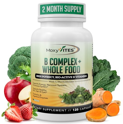 MoxyVites Vitamin B Complex - B Vitamins Whole Food Supplement, B12 Methylcobalamin, B1, B2, B3, B5, B6, B7, B9 - for Stress, Energy and Immune Support, Vegan, 120 Capsules