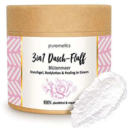 puremetics 3in1 Dusch-Fluff Blütenmeer mit Zuckerpeeling, 250 g Duschgel, Peeling und Lotion in Einem, vegan & plastikfrei