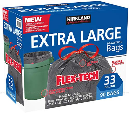 Kirkland Signature Bolsas de basura con cordón, 33 galones, 124 litros, 90 unidades
