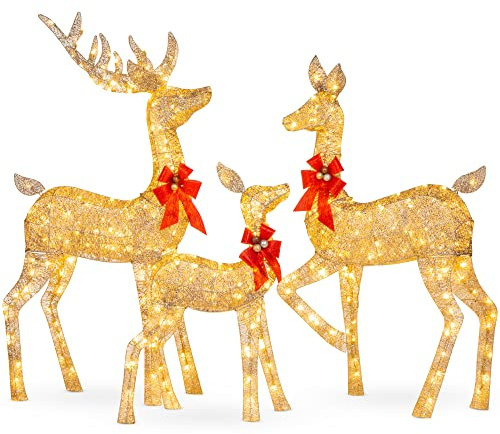 Best Choice Products 3-Piece Large Lighted Christmas Deer Family Set 5Ft Outdoor Yard Decoration with 360 LED Lights, Stakes, Zip Ties - Gold