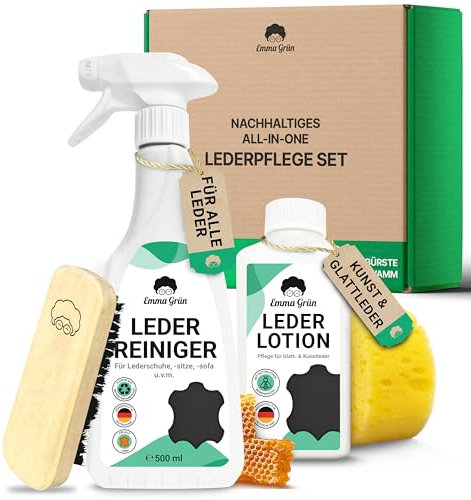 Emma Grün® Lederreiniger & Lederpflege Auto Reinigungsset [MIT BIENENWACHS] - Für Glatt- & Kunstleder - Alcantara Reiniger Autositze - Reiniger & Lederpflege für Ledercouch & Sofa aus Deutschland