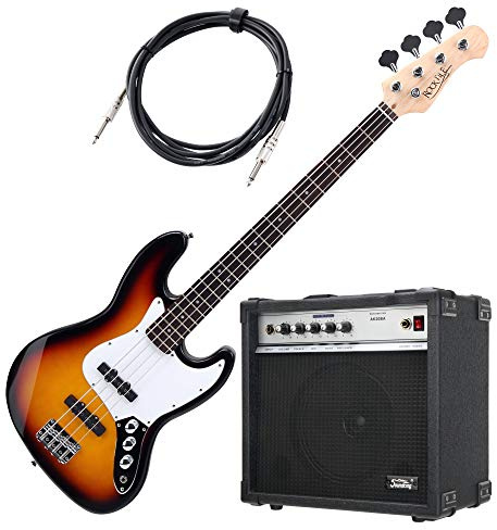 Rocktile Fatboy II SB E-Bass Sunburst Verstärker Set - Jazz-Style E-Bass - 2 Single Coil Tonabnehmer - Mensur: 34 Longscale - Spar-Set inkl. Combo-Verstärker und Kabel - Sunburst