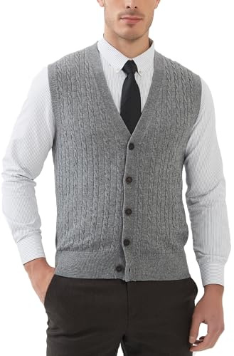 Kallspin Men's Cable Knit Sweater Vest Wool Blend V Neck Button Down Sleeveless Cardigan Vest(Light Grey, 4X-Large)