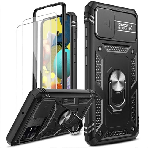 LeYi Hülle für Samsung Galaxy A51 4G Kameraschutz Handyhülle & kompatibel mit Schutzfolie 2 Stück,Hybrid Schutzhülle Militär Standard Stoßfest Case Metall Ring Ständer Halter Handy Hüllen Schwarz